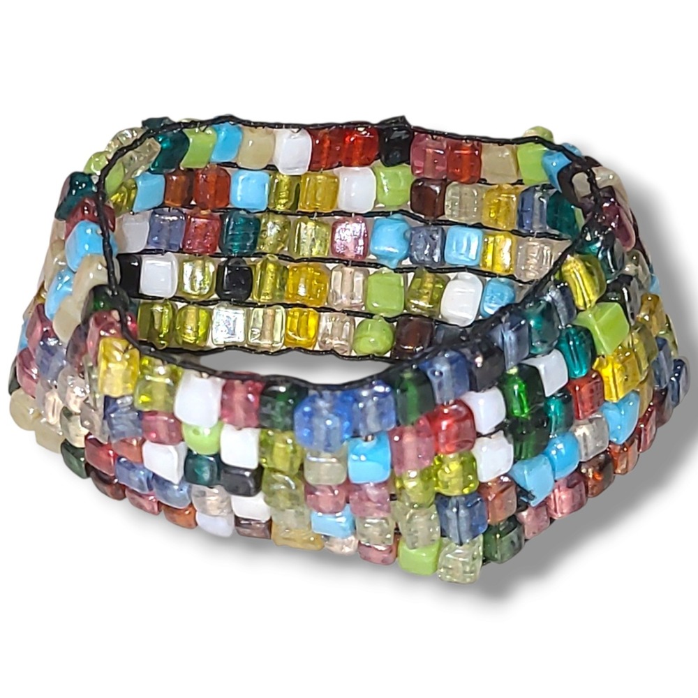 Vintage Multicolor Glass Bead Stretch Bracelet Cube Beads Tile Boho Jewelry
